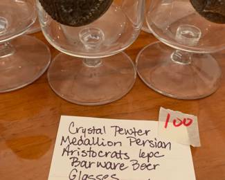 #100 Crystal pewter Medallion Persion Aristocrats 6 pc Bar ware boeer glasses $45.00