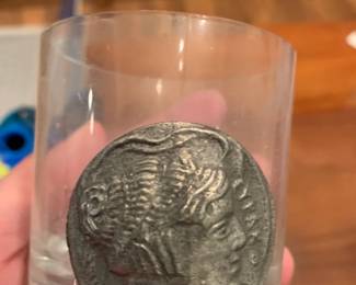 #98 Crystal Pewter Medallion Aaristocrats Whisky glasses 6 pc as is 1 chip $25.00