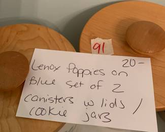 #91 Lenox poppies on blue set of 2 canister set with lids cook jar christmas tree $20.00