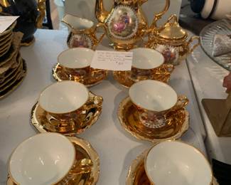 #95 Vtg bavarian Porcelain tea set 17 pcs romantic scene german gold Demitasse $50.00