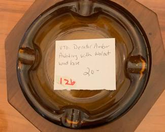 #126 Vtg. Decatur Amber Ashtray with Walnut Wood Base $20.00