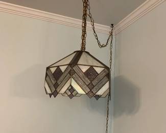 #21 Hanging Tiffany style gray and white glass lamp 16" across w long chain $75.00