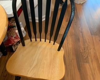 #24 Kitchen table w one leaf and 4 chairs painted dark green 54-72x42x30" $125.00