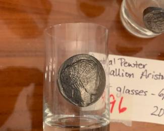 #96 vtg Crystal Pewtor medallion aristocrats shot glasses 6 pc $20.00