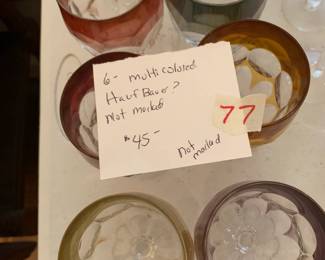 #77 6 multi colord Hofbauer not marked glasses 4 in tall $45.00
