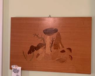 #117 Signed Mushroom Marquetry Wood Art Mushroom Panel $25.00