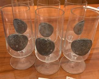 #100 Crystal pewter Medallion Persion Aristocrats 6 pc Bar ware boeer glasses $45.00