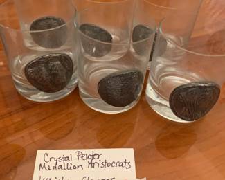 #98 Crystal Pewter Medallion Aaristocrats Whisky glasses 6 pc as is 1 chip $25.00