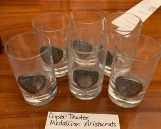 #96 vtg Crystal Pewtor medallion aristocrats shot glasses 6 pc $20.00