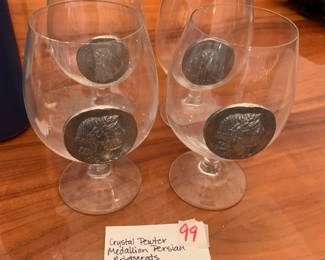 #99 Crystal Pewter medalion persian Aristocrats 4 pc Cognac glasses $35.00
