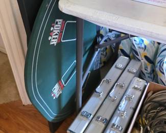 Poker table topper and 3 sets of poker chips. lots of playing cards as well