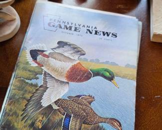 ducks and bird figurines, vintage hunting magazines