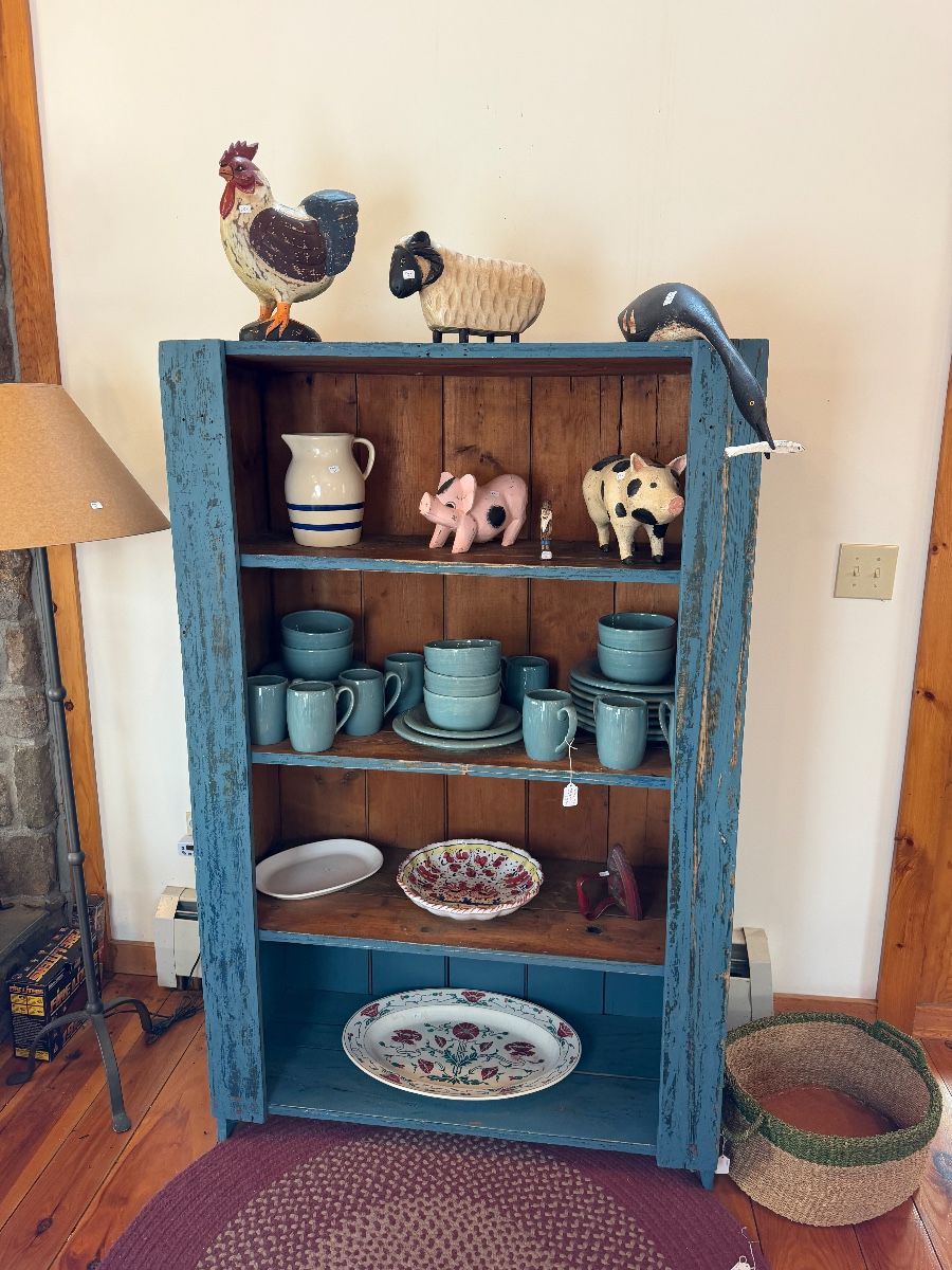 Fabulous antique blue patina cupboard. Measures 39.75” wide, 17.5” deep and 63” tall.