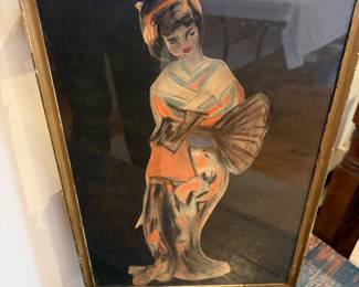 Framed. traditional Japanese geisha or maiko dressed in a colorful kimono holding a fan.