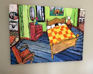 Bed Painting on Canvas, measures 50” wide x 30”., signed
