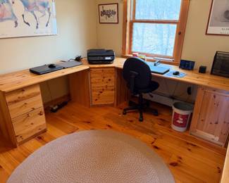 3 piece Office Workstation, left side measures, 47” w x 23.5” deep, middle unit 43.5” x 31” deep and right side, 63” wide x 23.6” deep.  Braided round rug measures 5’