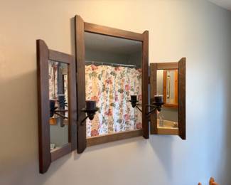 Country rustic wooden framed tri-fold bathroom vanity mirror with built-in candle sconces
