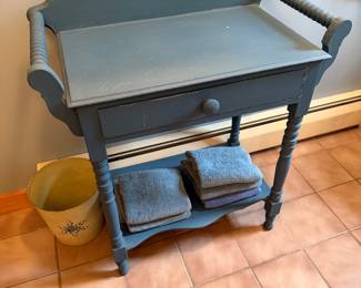 Wood washstand in country blue, measures 30.5” tall to tabletop, 29” wide, 15” deep