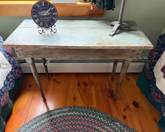 Long, weathered table, turquoise patina, 35.25” wide, 15.25” deep x 25.75” tall