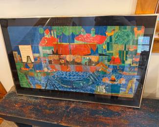 framed fine art print of the painting "The Miraculous Draught" (or "The Miraculous Fishing") by Austrian artist Friedensreich Hundertwasser, created in collaboration with artist René Brô in 1950