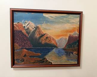 Nature scene on canvas with wood frame. Measures 21.75” x 17.75”