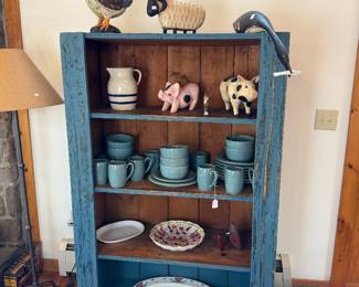 Fabulous antique blue patina cupboard. Measures 39.75” wide, 17.5” deep and 63” tall.