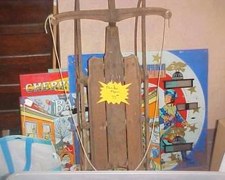 Antique Sled. Pinball Machine Glass Back Boards.