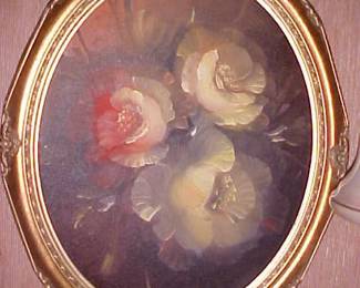 Antique Oval oil painting in wooden gold painted frame.