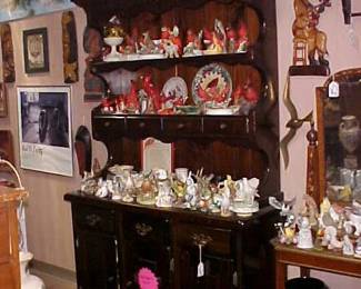 Large China Hutch and Bird Figurines.