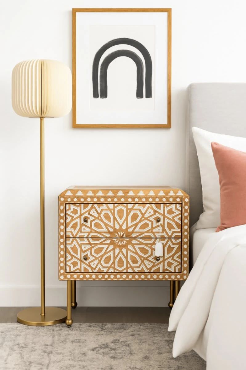Anthropologie Tan and White Nightstand