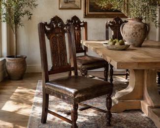 Jacobean - 4 Chairs - Antique Gothic Revival Oak Hall Chair with Leather Seat