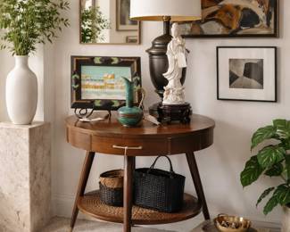 Mersman Mid-Century Modern Walnut Round Entry Table with Shelf