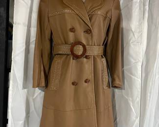 Vintage Tan Leather Belted Trench Coat