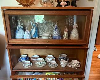 Antique Barrister Bookcase with Decorative Figurines and Teacups
