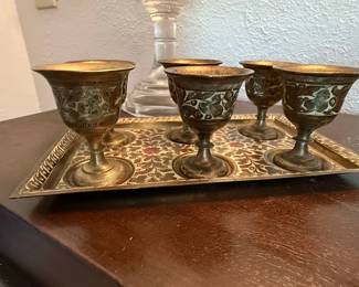 Set of 4 Etched Brass Goblets with Tray