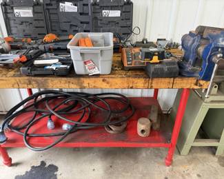 Air nailers, work bench, set of welder 220v extension cords, bench vise