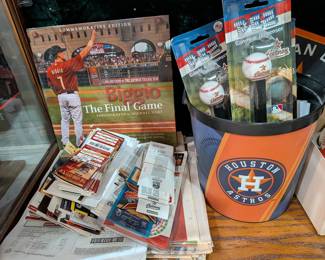Houston Astros Memorabilia Lot: Biggio Commemorative Book, PEZ Dispensers, and Game Tickets