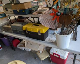 Assorted Fishing Tackle Boxes and Decorative Garden Stakes