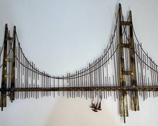 1970's Signed Curtis Jere Metal Mid Century Modern Bridge & Sailboat Sculpture