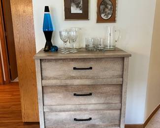 4 DRAWER DRESSER, LAVA LAMP, VINTAGE STEMWARE