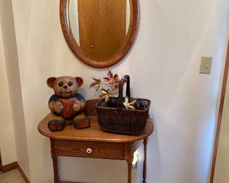 SMALL OAK TABLE, VINTAGE HAND CARVED FOLK ART BEAR