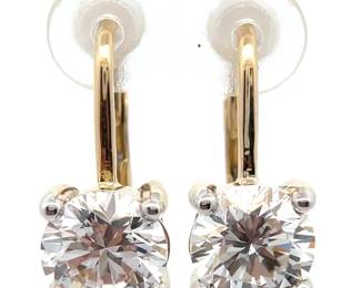 NEW! 4 Carat Diamond Round Brilliant Solitaire Drop Leverback Earrings in 14k Yellow Gold