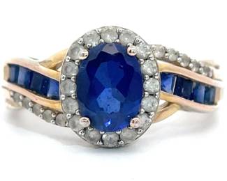 Oval Blue Sapphire & White Topaz Halo Channel Curved Bypass Ring in Yellow Gold