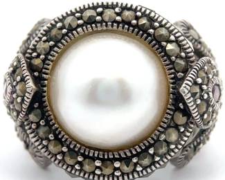 Vintage Style White Culture Mabe Pearl & Garnet Marcasite Flower Ring