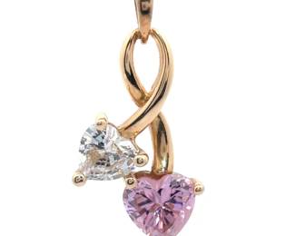 Pink Ice & White Cubic Zirconia Toi et Moi Heart Infinity Symbol Pendant in 14k Yellow Gold