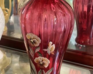 Fenton Cranberry hand painted vase