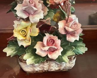 Capodimonte Porcelain Floral Basket Centerpiece with Roses