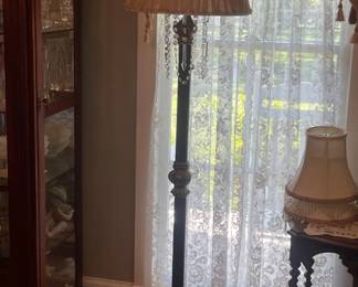 Vintage Ornate Metal Floor Lamp with Crystal Accents and Fabric Shade