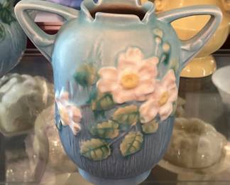 Roseville Blue Teal White Rose Handled Vase circa 1940