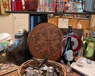 GLASS COFFEE POT, JUICE PITCHER AND CUPS, ENAMELWARE